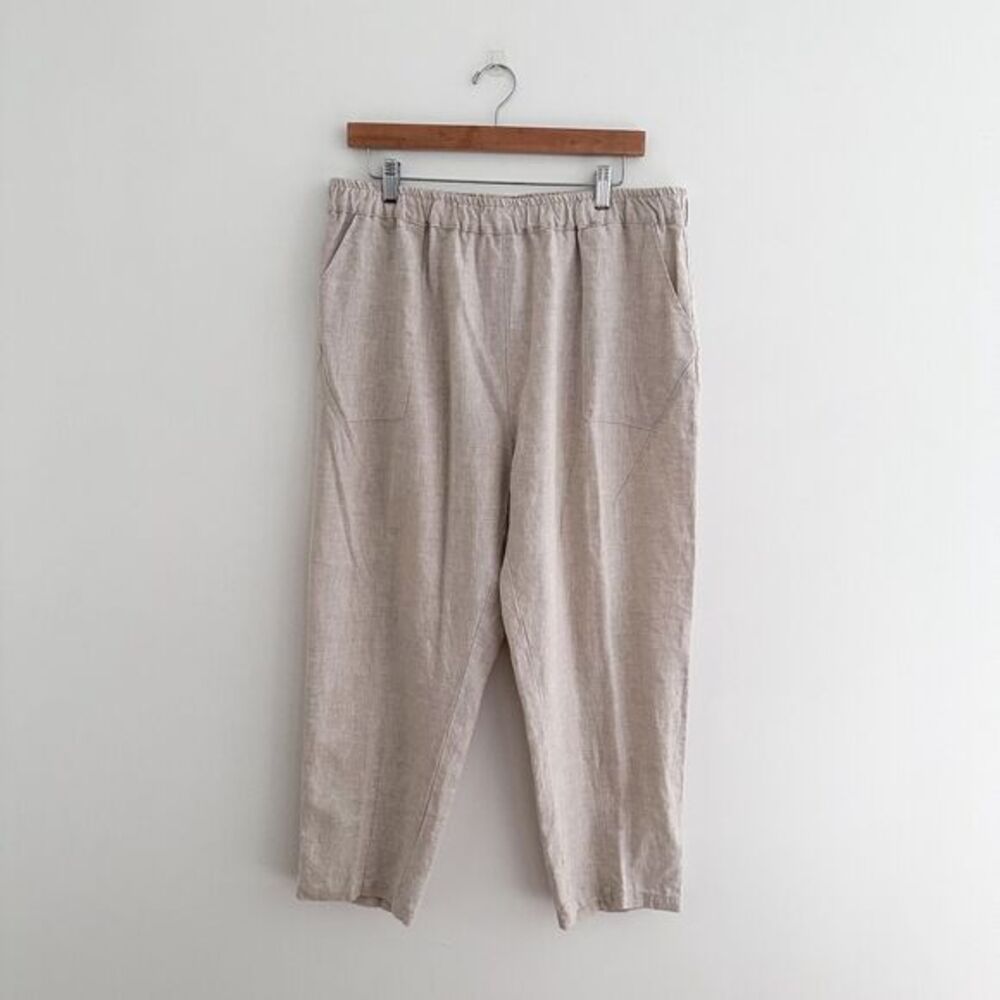 100% Linen Pull On Pants Beige Tapered Leg Elastic Waist Cropped Length Size XL